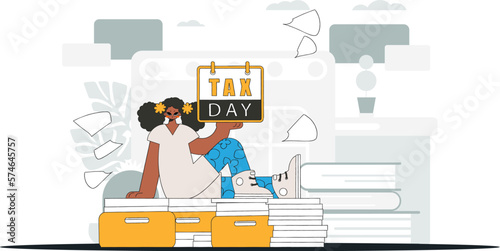 Fashionable girl holds a calendar in her hand. TAX day. Graphic illustration on the theme of tax payments.