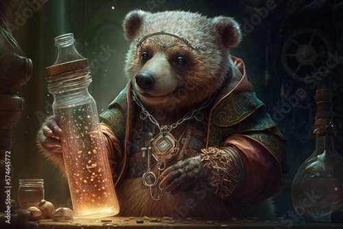 A Brilliant Bear Scientist: Creating New Formulas in Lab with High-Resolution Photos of Hyperornate Designs, Gold Accents, and Metallic Decorations by Cano., generative AI photo