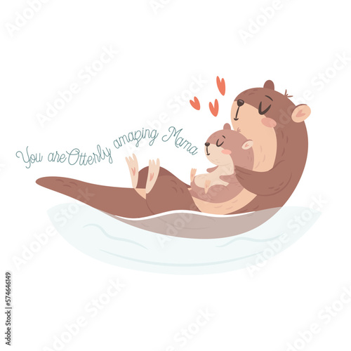 Mama Otter with baby. Happy Mothers day greeting card concept.