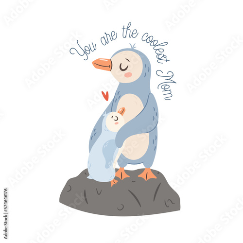 Mama Penguin with baby. Happy Mothers day greeting card concept.