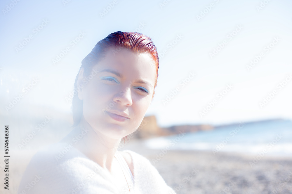The portrait of woman walking in the beache in sprin weather The portrait of woman walking in the beache in sprin weather