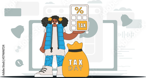 An elegant woman holds a calculator in her hand Illustration demonstrating the correct payment of taxes.