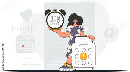 Fashionable woman with calendar and alarm clock. An illustration demonstrating the correct payment of taxes.