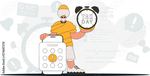 Fashion man with calendar and alarm clock. An illustration demonstrating the correct payment of taxes.