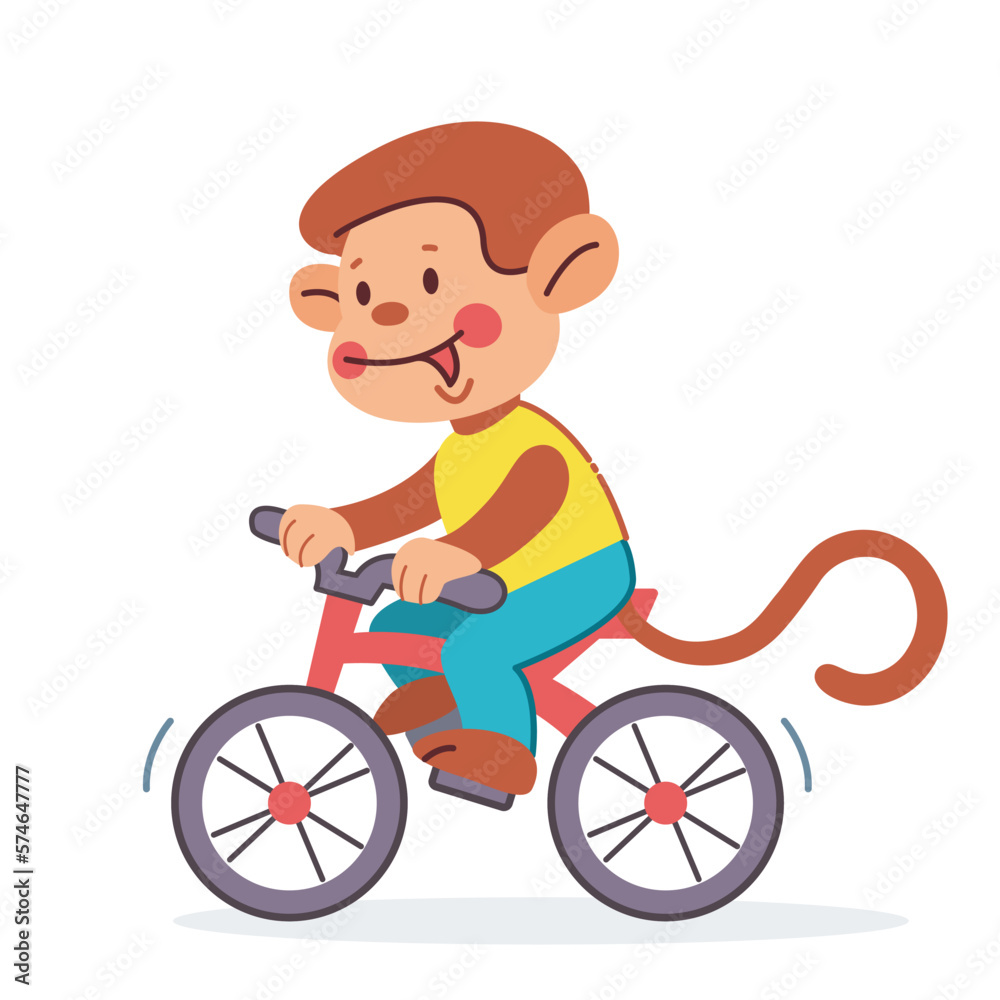 Cute cartoon smiling monkey characters riding bicycle. Isolated illustration in flat style. Cute cartoon smiling monkey characters riding bicycle. Isolated illustration in flat style.