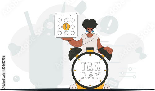 Gorgeous woman with calendar and alarm clock. Graphic illustration on the theme of tax payments.