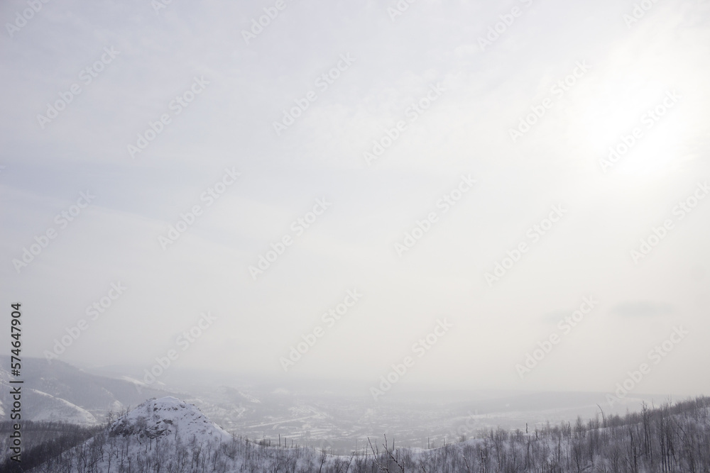 beautiful winter mountains. View on the town and river. Zhiguli mountains beautiful winter mountains. View on the town and river. Zhiguli mountains