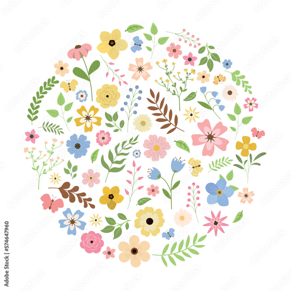 Vector flower round frame. Floral card with colorful flowers, leaves, and butterflies. Cute design for greeting cards. Isolated on white background.