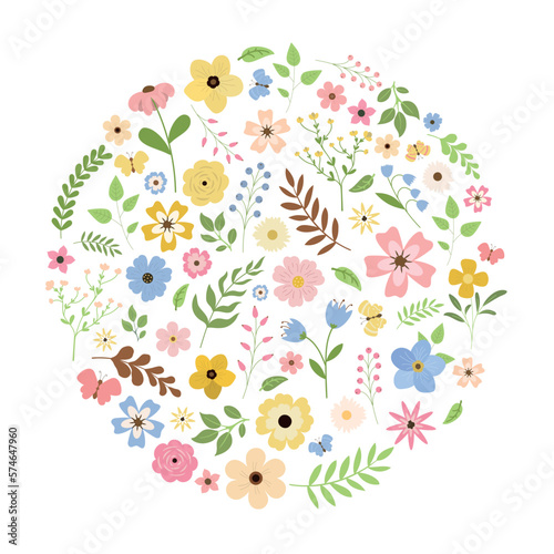 Vector flower round frame. Floral card with colorful flowers, leaves, and butterflies. Cute design for greeting cards. Isolated on white background.
