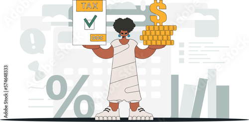 An elegant woman is holding a tax form and coins in her hands. An illustration demonstrating the correct payment of taxes.