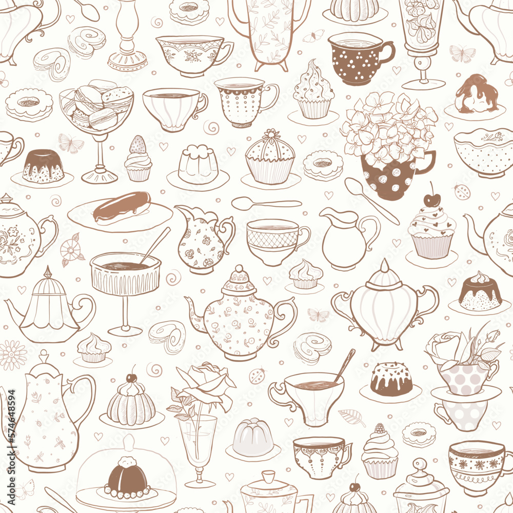 Seamless pattern with tea party in English style. Tea cups, teapots, bakery, flowers. Can be used for wallpaper, pattern fills, textile, web page background, surface textures.