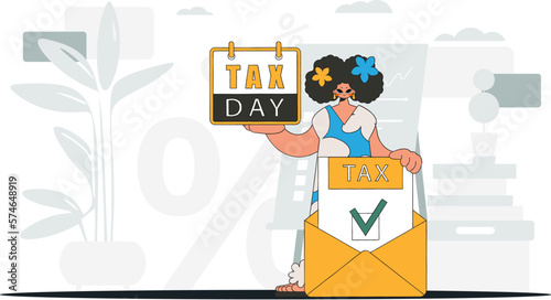A cultured girl holds a calendal in her hand. TAX day. Graphic illustration on the theme of tax payments.