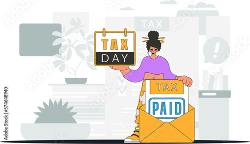 A cultured girl holds a calendal in her hand. TAX day. An illustration demonstrating the importance of paying taxes for economic development.