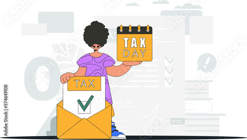 Trendy man holds a calendal in his hand. TAX day. Graphic illustration on the theme of tax payments.