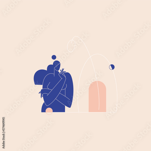Contemporary woman silhouette vector illustration. Nude female body, mid century colored feminine figure, geometric shape abstract composition. Beauty, body care concept for logo, branding. Modern art