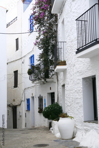 Le centre historique de la ville de Cadaqu  s  situ  e dans la r  gion de Catalogne en Espagne  est un labyrinthe de ruelles pav  es et d habitations blanches aux volets et portes bleues
