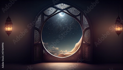 Fotografiet Mystical window with crescent moon in night sky. generative Ai
