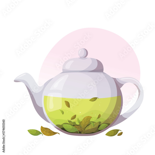 Glass teapot with loose leaf tea. Transparent glass teapot with green tea. Fresh green tea leaves.