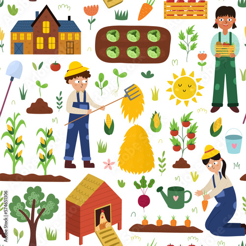 Farm seamless pattern with cute characters. Kids harvesting and making gardening work. Countryside background in cartoon style for fabric and textile with vegetables. Vector illustration