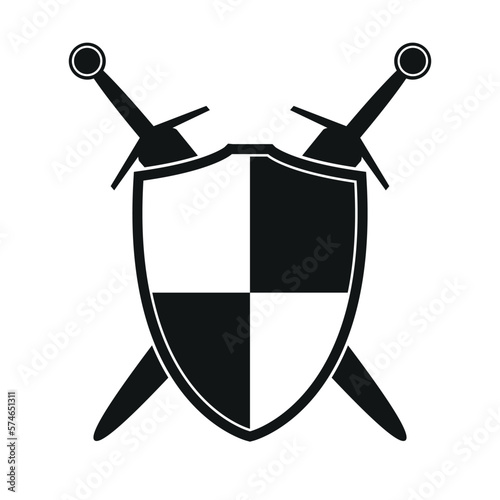 shield with chessboard and two crossed swords icon silhouette, vector illustration of medieval sword isolated on a white