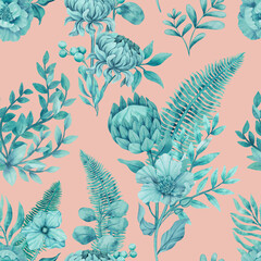 Papier peint photo Jungle Fleurs feuilles tropicales aquarelle motif coloré continu  © borphloy