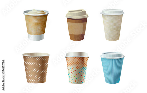 Set of paper Coffee Cups. Design template for graphics, mockup. Front view. Template design for graphics, layout. Mockup Vector illustration isolated on white background. 