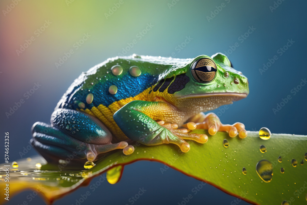 Tree frog on green leaf with drops of water. Macro. Generative AI. Tree frog on green leaf with drops of water. Macro. Generative AI.