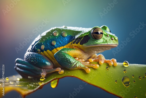 Tree frog on green leaf with drops of water. Macro. Generative AI.