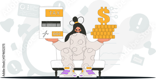 A graceful woman is holding a tax form and coins in her hands. An illustration demonstrating the correct payment of taxes.
