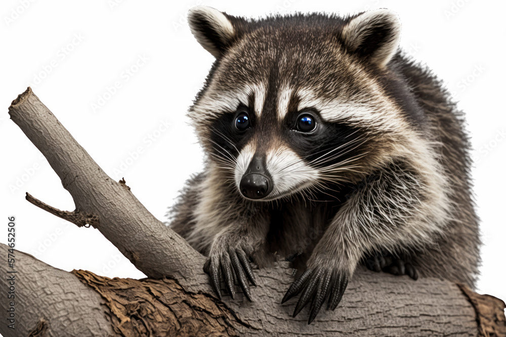 Funny raccoon with cheeky expression, on tree branch. Closeup, isolated on white background. Generative AI.