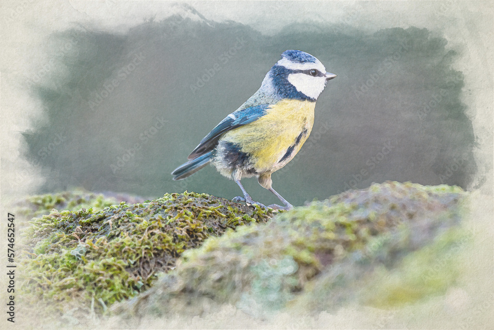 Obraz premium Eurasian Blue Tit digital watercolour painting in a natural woodland.