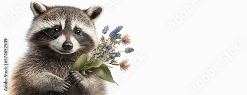 Banner with cute raccoon holding bouquet of flowers, closeup, isolated on white background. Generative AI.