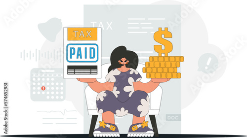 A graceful girl holds a tax form and coins in her hands. An illustration demonstrating the correct payment of taxes.