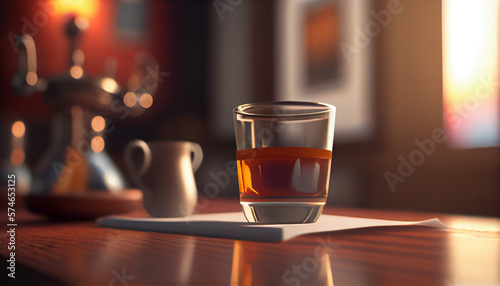 Crystal glass of tea on table in shop blur background with bokeh image. VINTAGE TONE, ai generative