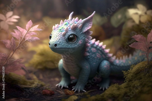 Cute little baby dragon with pastel color standing in the peaceful forest. CG artwork concept. Generative AI illustration