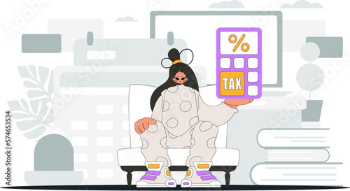 A graceful woman holds a calculator in her hand Illustration demonstrating the correct payment of taxes.