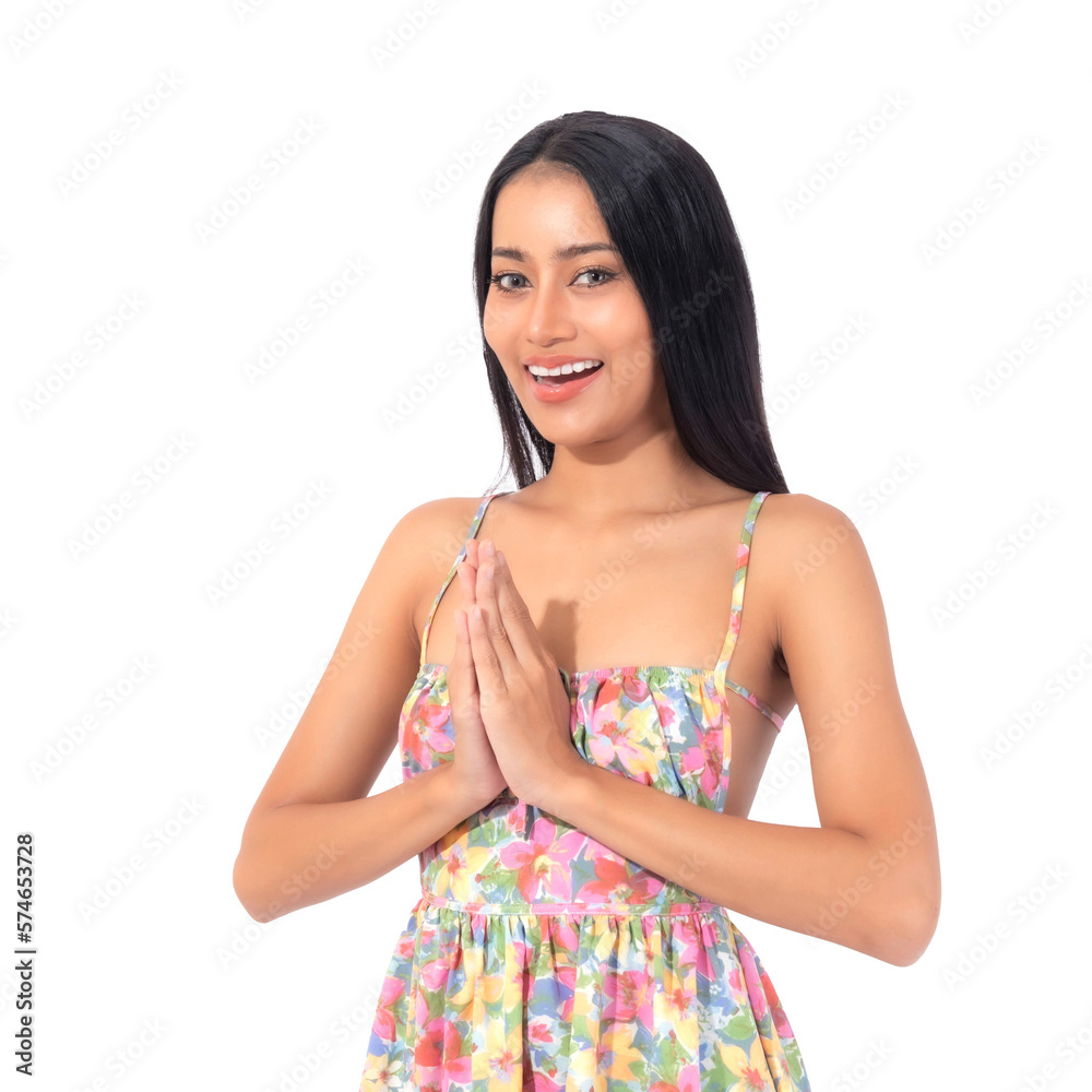 Portrait beautiful Asian young woman , thai woman , showing gesture hand pay respect sawasdee symbol from Thailand greeting culture for hello or goodbye isolated on white background with copy space