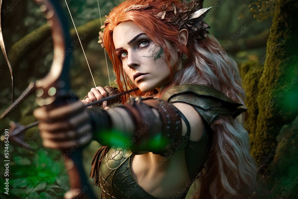 Red-haired young female archer with green, scanty leather armour in the forest. Female archer ready to shoot. Generative AI - obrazy, fototapety, plakaty 