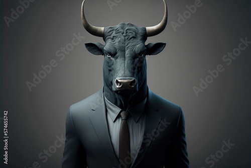 Portrait of a bull dressed in a formal business suit ,made with Generative AI