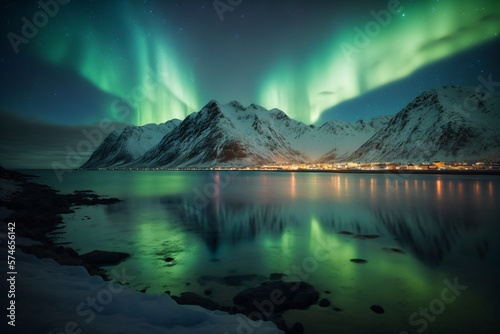 Aurora borealis (Northern lights) over the sea with snowy mountains and city lights at night. Generative ai. 