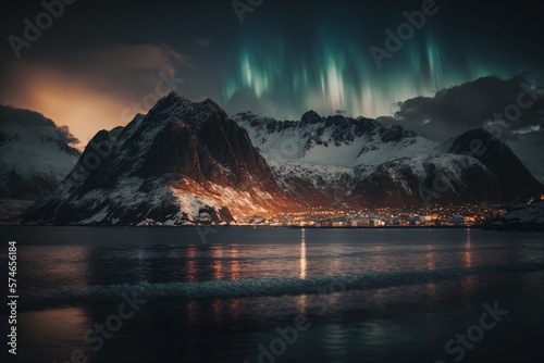 Aurora borealis (Northern lights) over the sea with snowy mountains and city lights at night. Generative ai. 