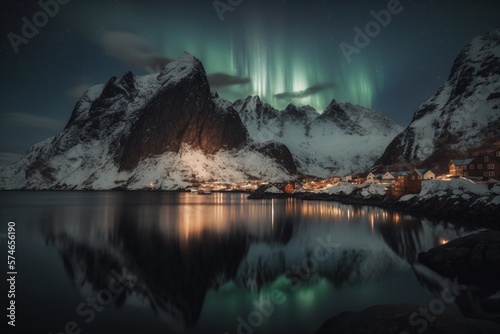 Aurora borealis (Northern lights) over the sea with snowy mountains and city lights at night. Generative ai. © XtravaganT