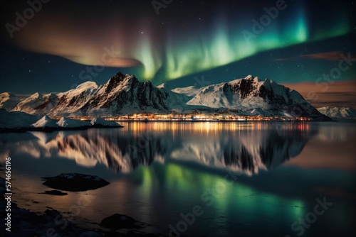 Aurora borealis (Northern lights) over the sea with snowy mountains and city lights at night. Generative ai.  © XtravaganT