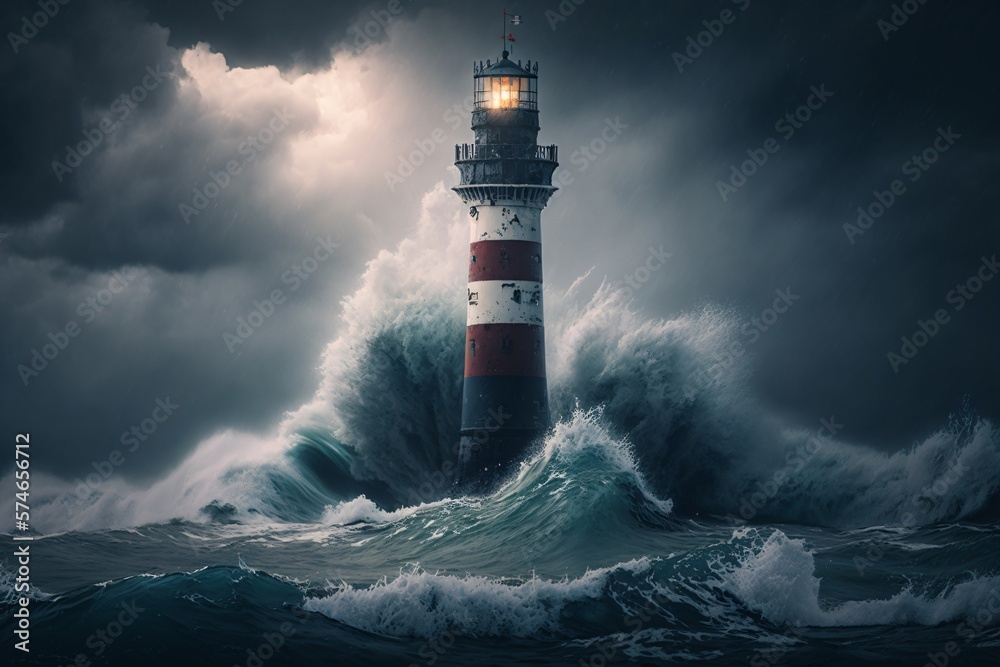 Lighthouse being a symbol of hope and safety. Light house in a storm. Generative ai. 