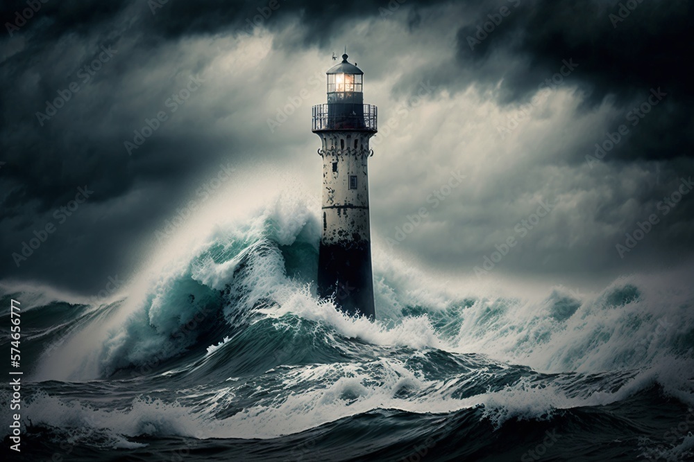Lighthouse being a symbol of hope and safety. Light house in a storm. Generative ai. 