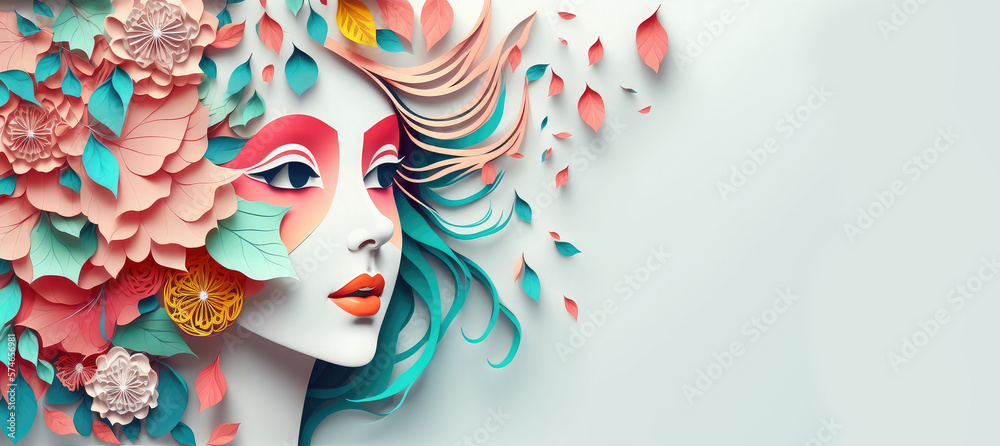 Obraz premium Woman's day paper cut with floral background with copy sapce, International Woman's day banner, illustration of papercut style with beautiful woman