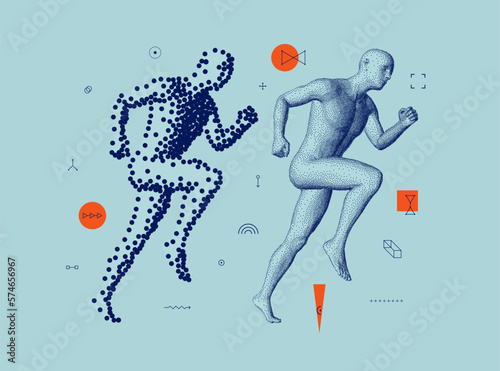 Leadership, freedom or development concept. Running man or marathon runner in сoarse and fine style. 3D human body model. Stipple effect. Design for sports club, fitness, competition or marathon.
