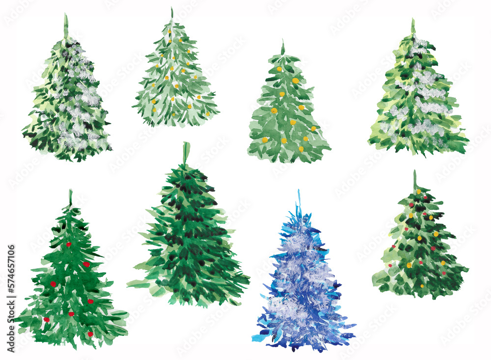 watercolor collection of christmas trees: green, blue