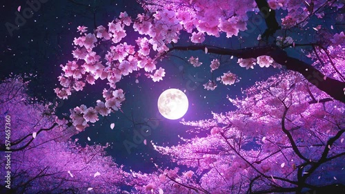 Cherry Blossoms at Night with Full Moon – Japanese Garden Seamless Loop, HD Animated Background