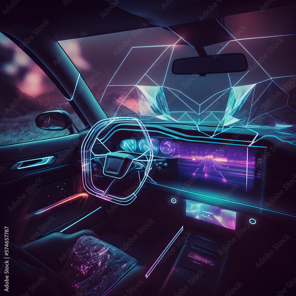 futuristic interior of smart car with holographic display interface on ...